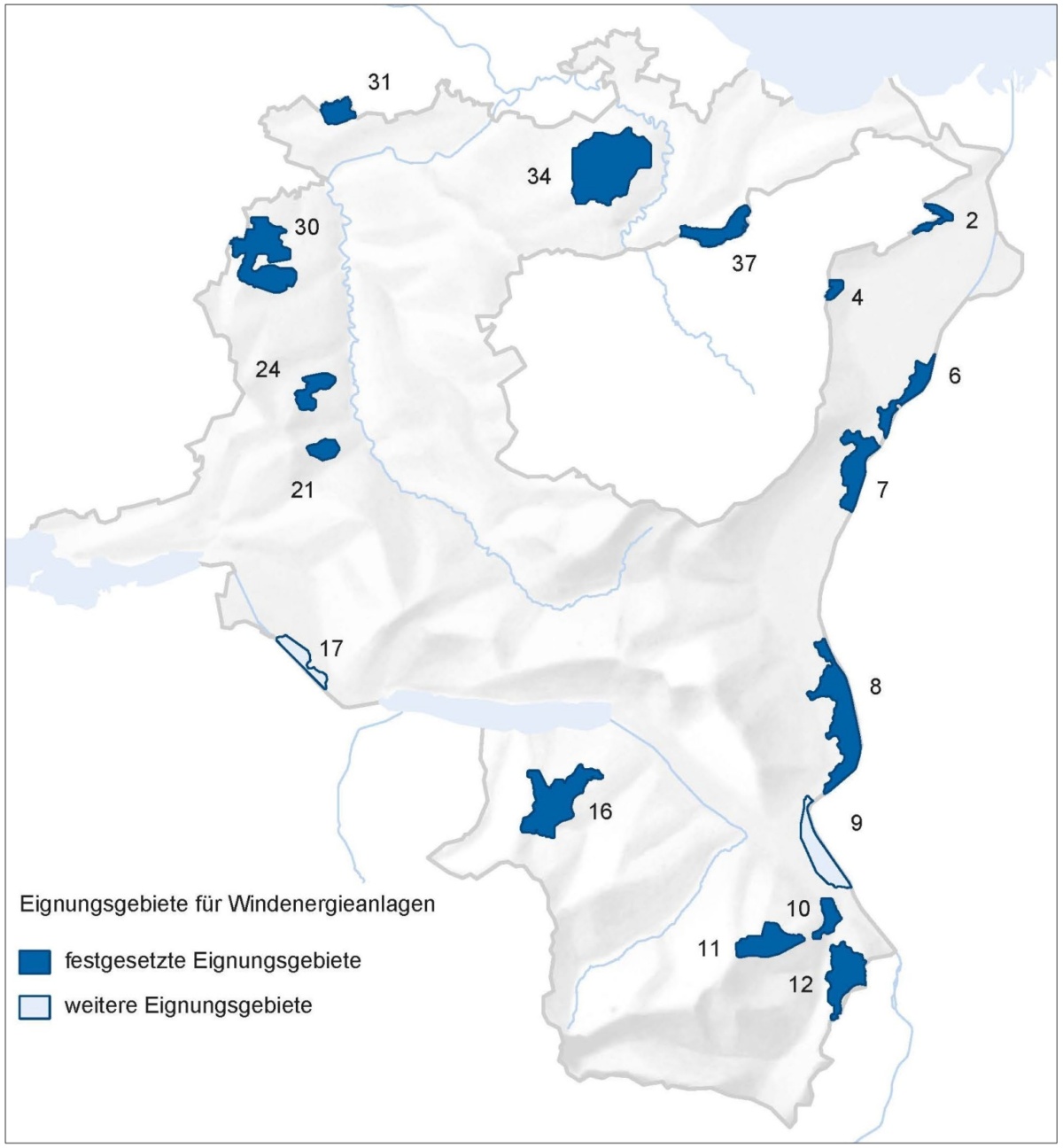 Übersicht der 17 Windeignungsgebiete im Kanton St.Gallen